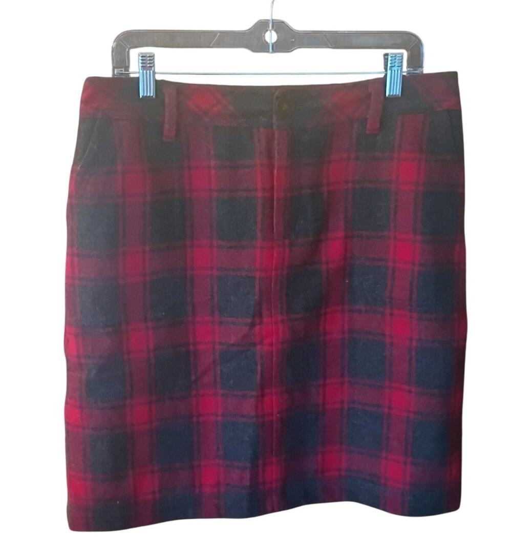 Eddie Bauer Women 10 Red/ Black/ Gray Buffalo Plaid Wool Blend Lined Skirt